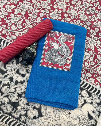 Kalamkari cotton Dress Material with Blue colour