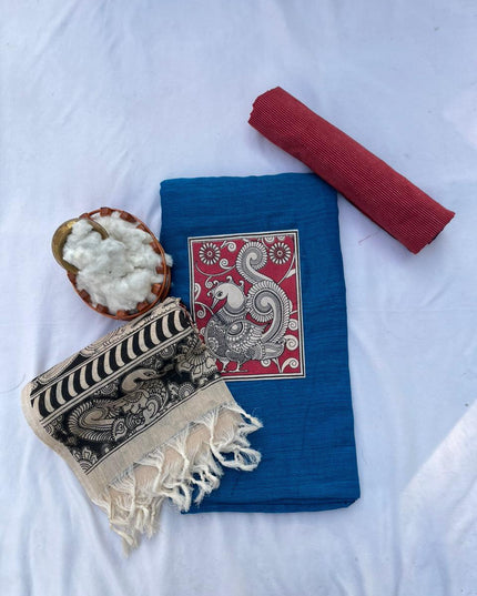 Kalamkari cotton Dress Material with Blue colour