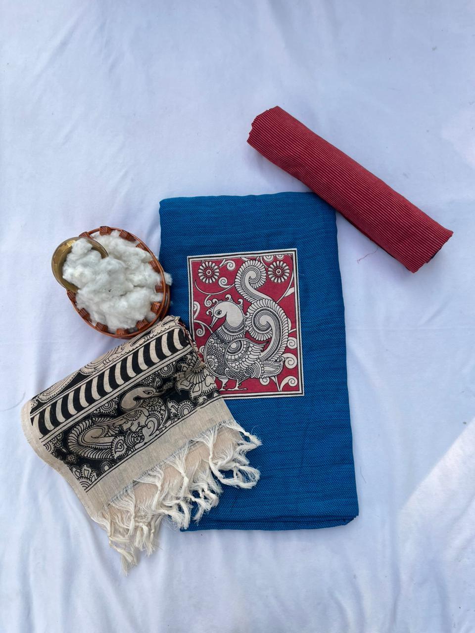 Kalamkari cotton Dress Material with Blue colour