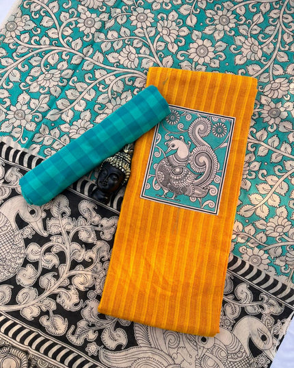 Kalamkari cotton Dress Material with Yellow colour