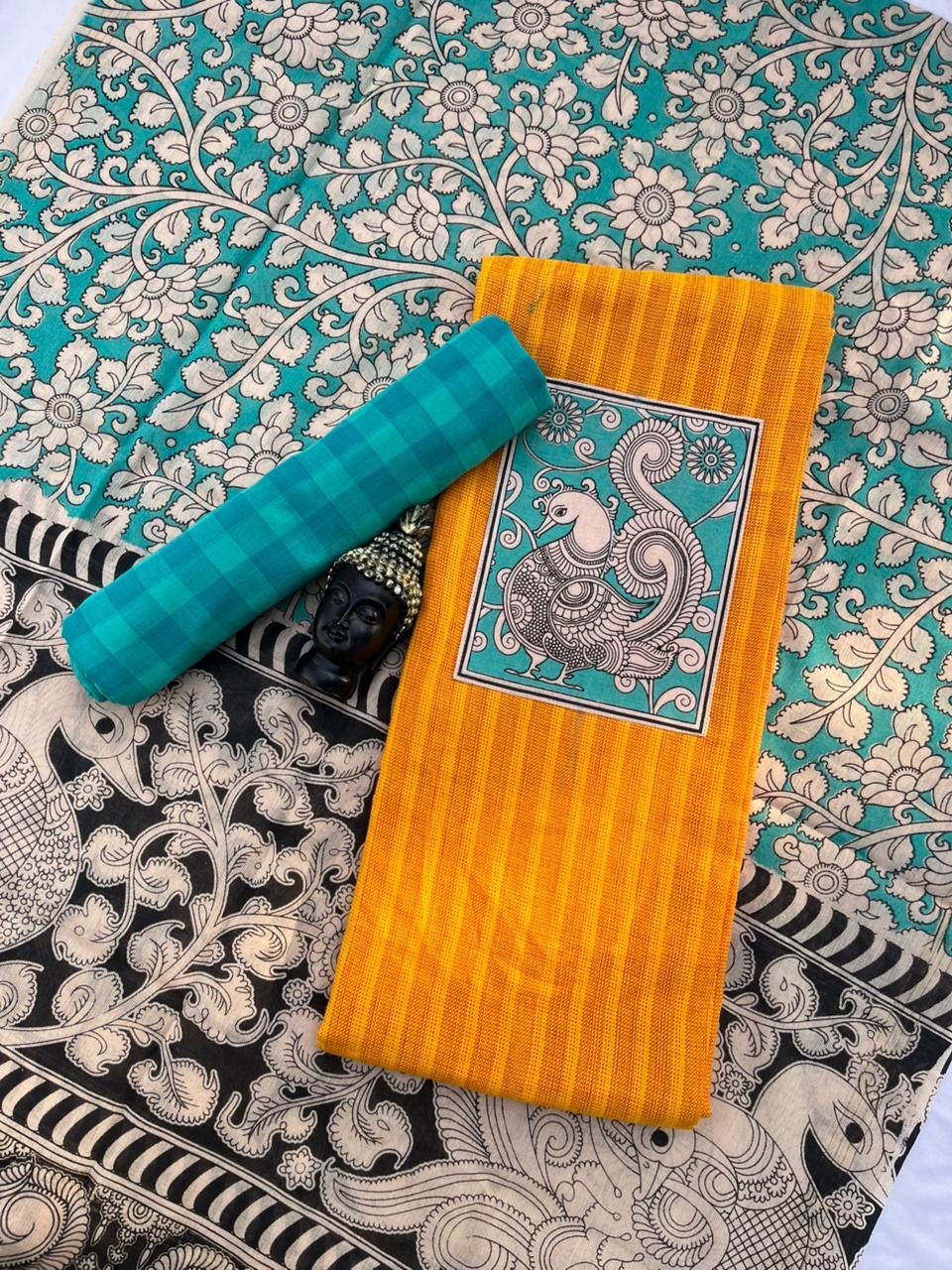 Kalamkari cotton Dress Material with Yellow colour