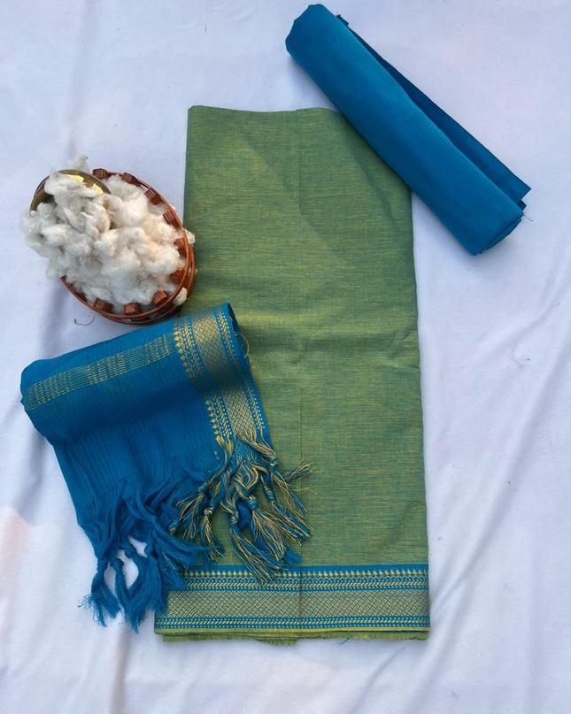 Mangalagiri Dress Material with thread border Emrold Green colour