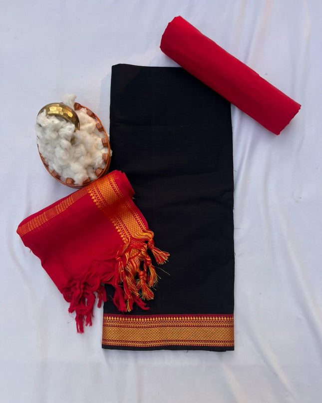 Mangalagiri Dress Material with thread border Emrold Black colour