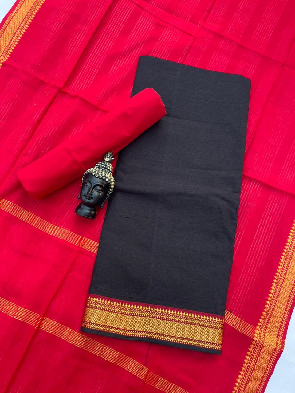 Mangalagiri Dress Material with thread border Emrold Black colour
