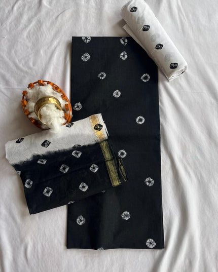 Classic Bandhani Dress Material – Black Top White Bottom | Cotton Fabric Gold Patti Dupatta