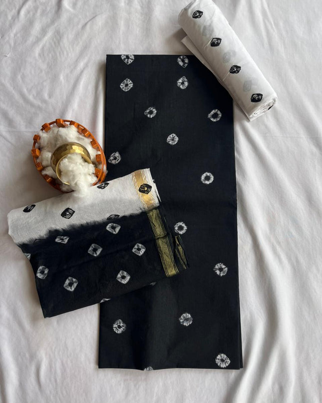 Classic Bandhani Dress Material – Black Top White Bottom | Cotton Fabric Gold Patti Dupatta