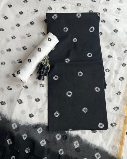Classic Bandhani Dress Material – Black Top White Bottom | Cotton Fabric Gold Patti Dupatta