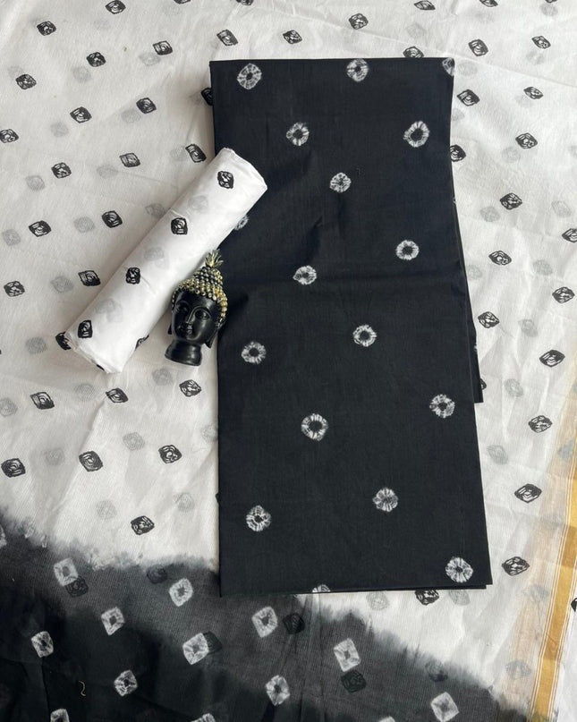 Classic Bandhani Dress Material – Black Top White Bottom | Cotton Fabric Gold Patti Dupatta