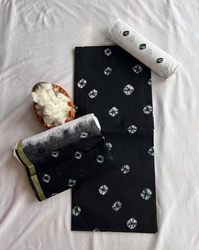 Classic Bandhani Dress Material – Black Top White Bottom | Cotton Fabric Kota Dupatta