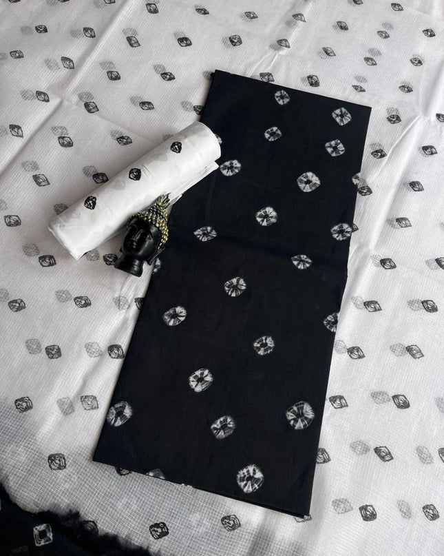 Classic Bandhani Dress Material – Black Top White Bottom | Cotton Fabric Kota Dupatta