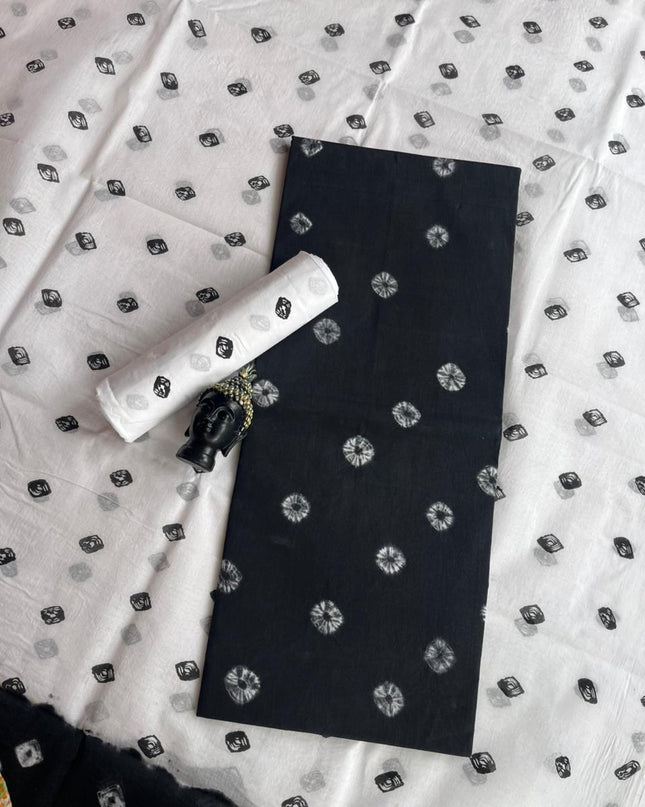 Classic Bandhani Dress Material – Black Top White Bottom | Cotton Fabric Cotton Dupatta