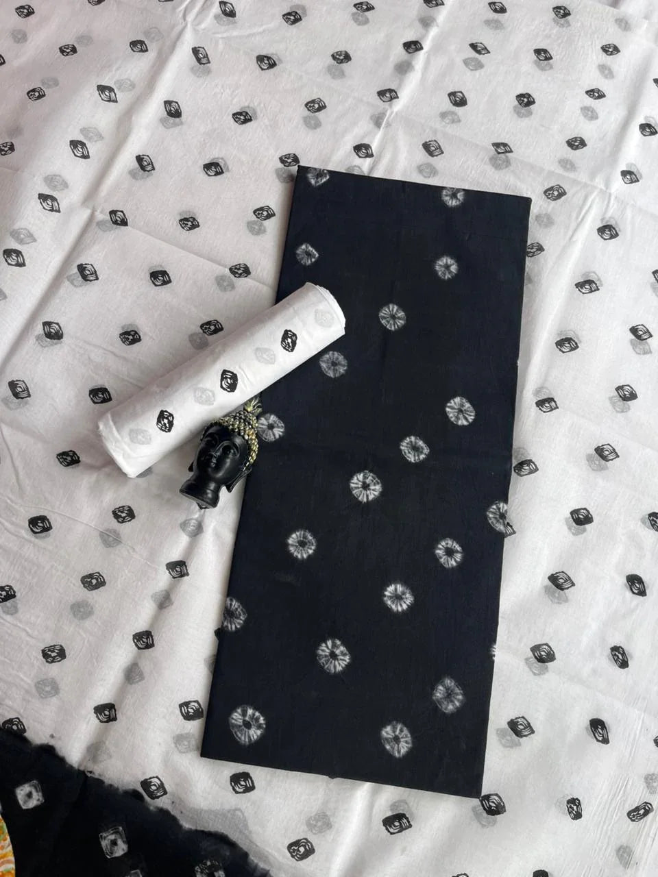 Classic Bandhani Dress Material – Black Top White Bottom