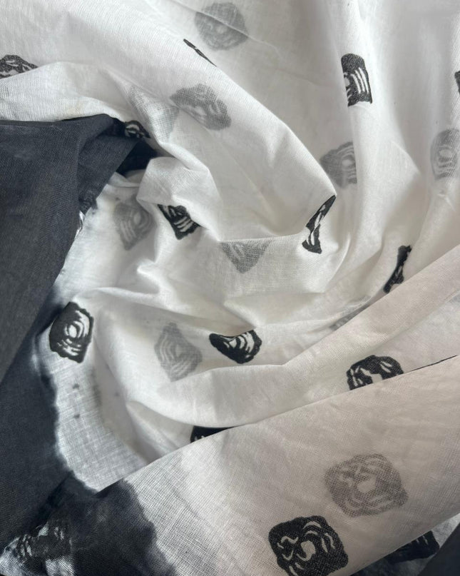 Classic Bandhani Dress Material – Black Top White Bottom | Cotton Fabric Cotton Dupatta