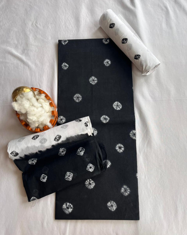 Classic Bandhani Dress Material – Black Top White Bottom | Cotton Fabric Cotton Dupatta