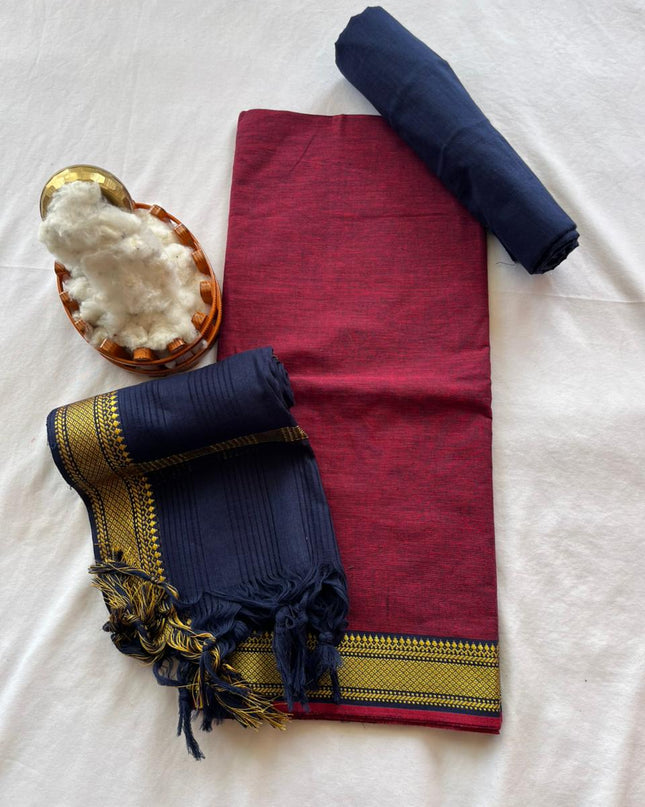 Mangalagiri Dress Material with thread border Emrold Maroon colour