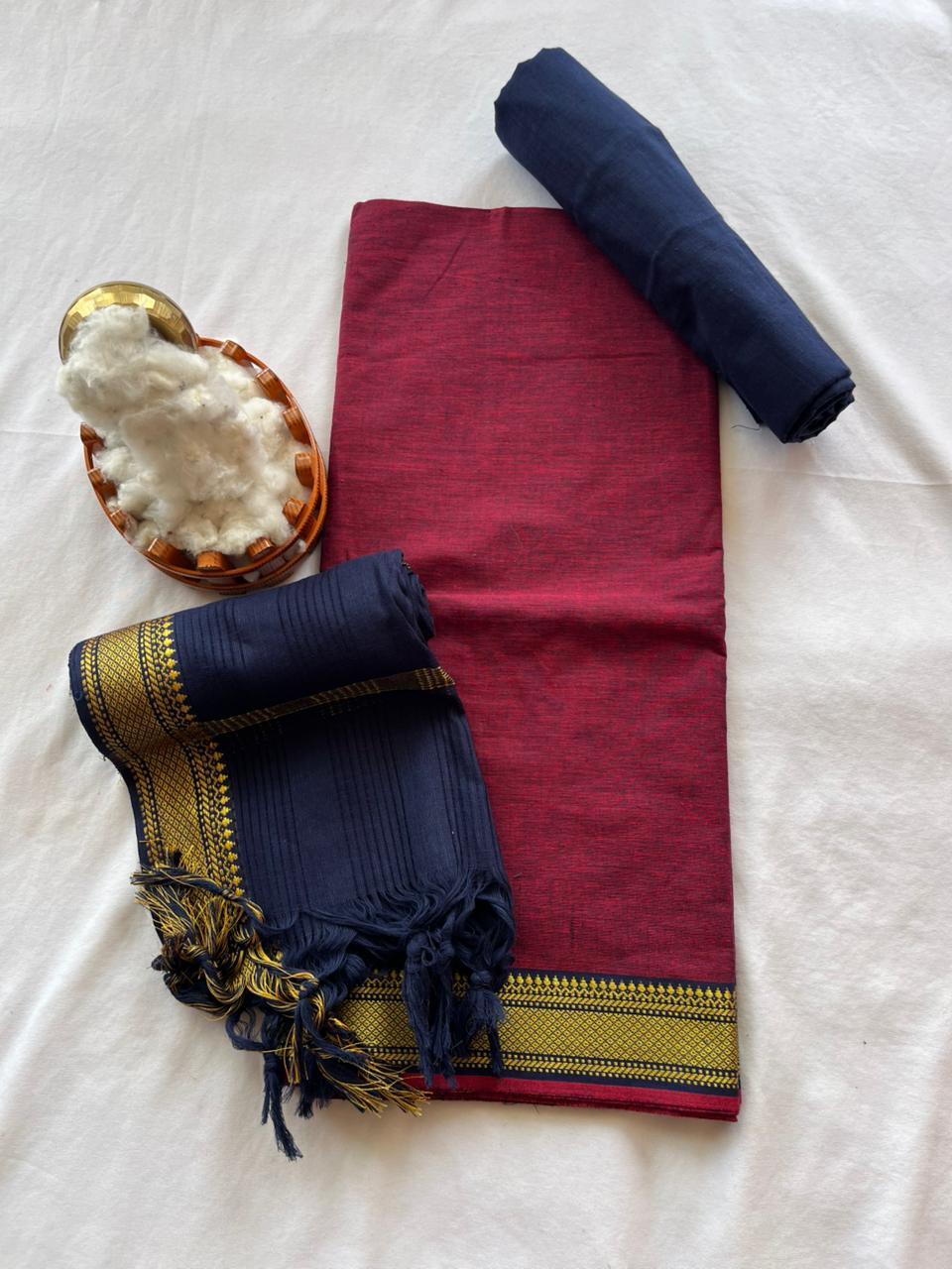 Mangalagiri Dress Material with thread border Emrold Maroon colour