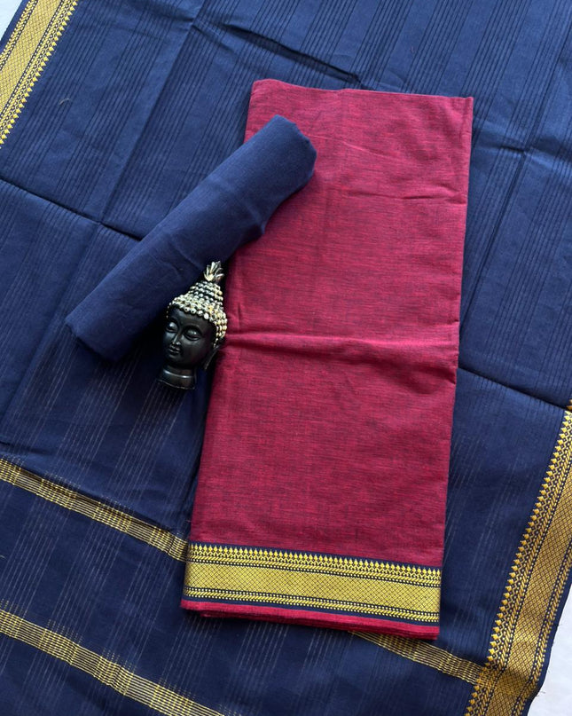 Mangalagiri Dress Material with thread border Emrold Maroon colour