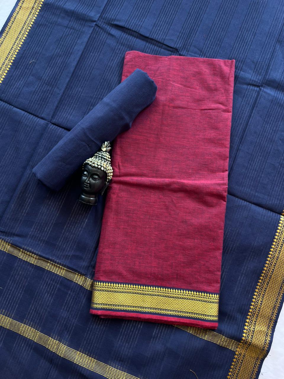 Mangalagiri Dress Material with thread border Emrold Maroon colour