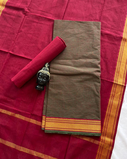 Mangalagiri Dress Material with thread border Emrold Green & Red colour