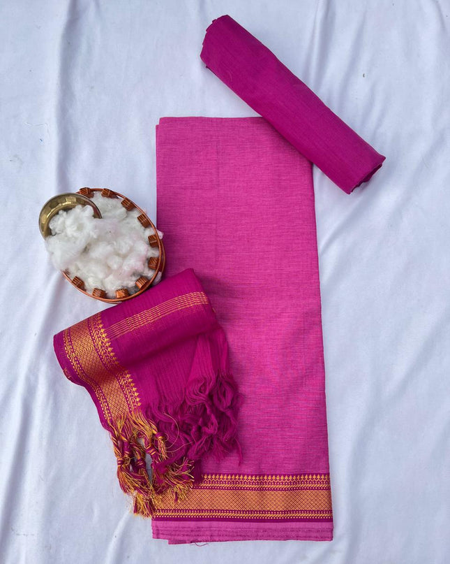 Mangalagiri Dress Material with thread border Emrold Pink colour
