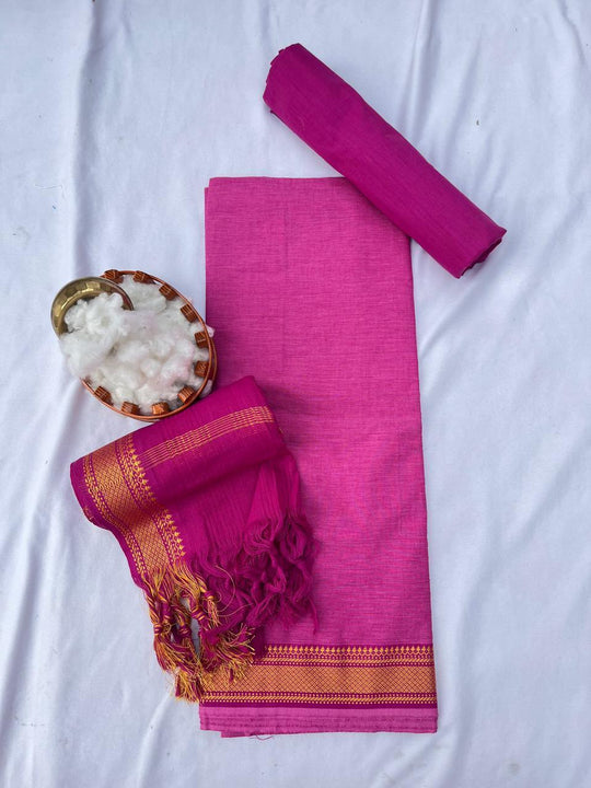 Mangalagiri Dress Material with thread border Emrold Pink colour