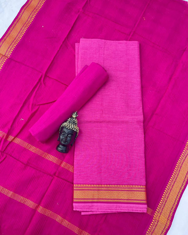 Mangalagiri Dress Material with thread border Emrold Pink colour