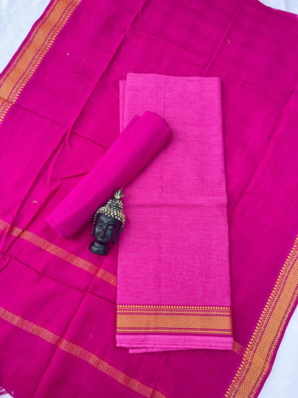 Mangalagiri Dress Material with thread border Emrold Pink colour