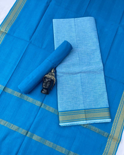 Mangalagiri Dress Material with thread border Emrold Sky Blue colour