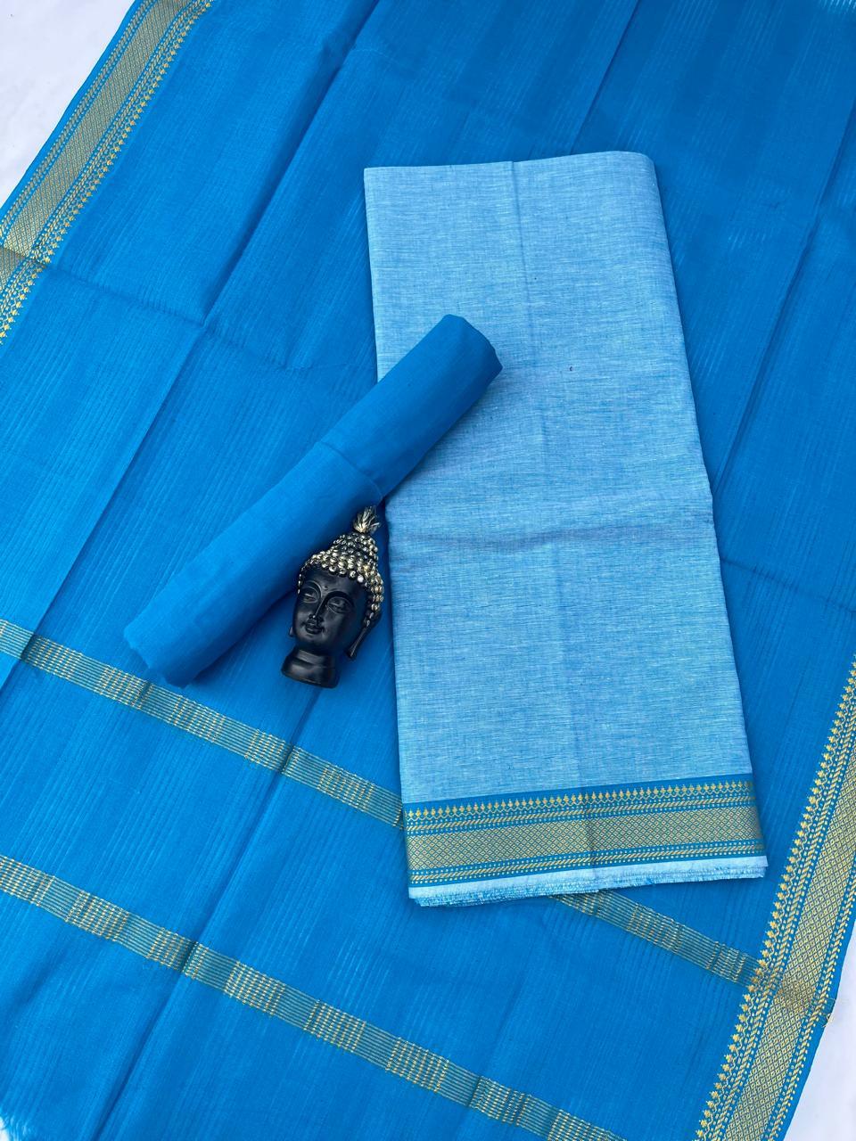 Mangalagiri Dress Material with thread border Emrold Sky Blue colour