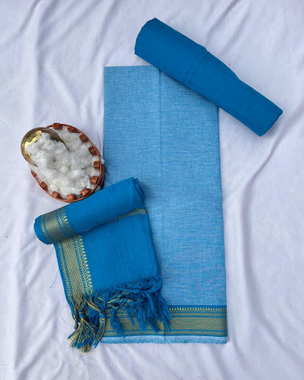 Mangalagiri Dress Material with thread border Emrold Sky Blue colour