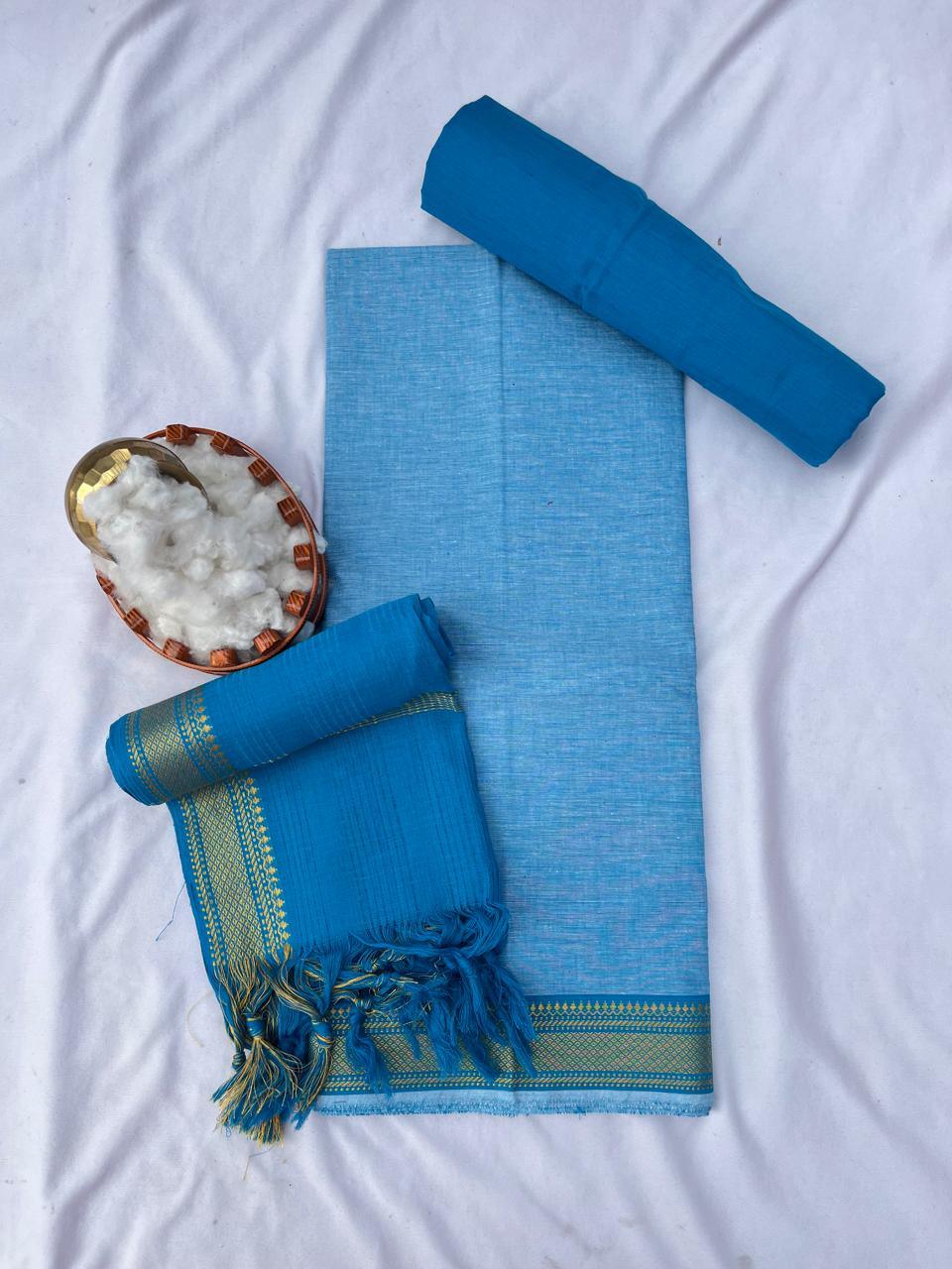 Mangalagiri Dress Material with thread border Emrold Sky Blue colour
