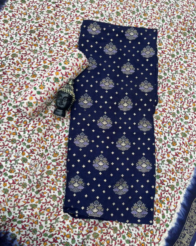 Soft Jute Dress Material with Navy Blue | Lightweight & Comfortable