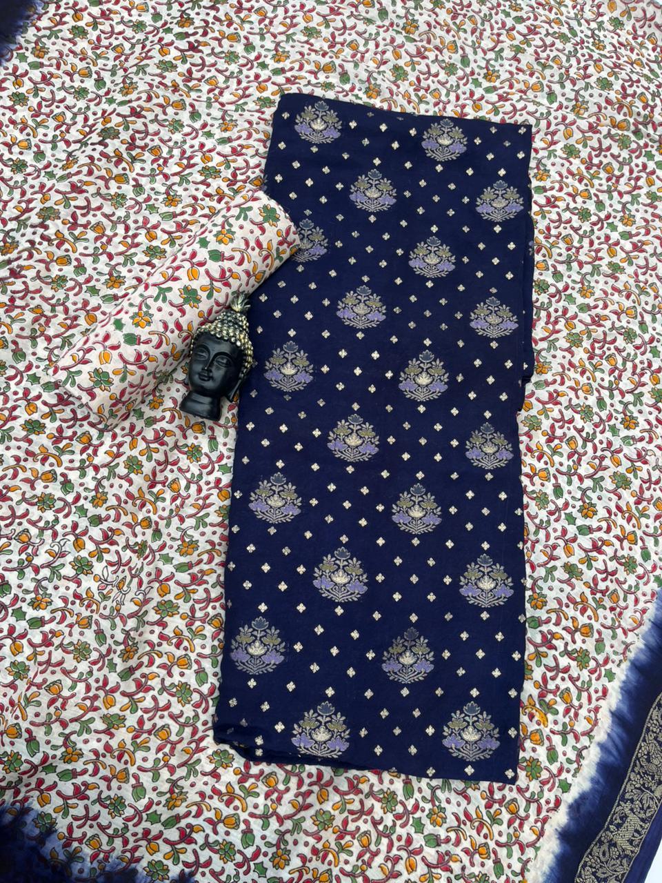 Soft Jute Dress Material with Navy Blue | Lightweight & Comfortable