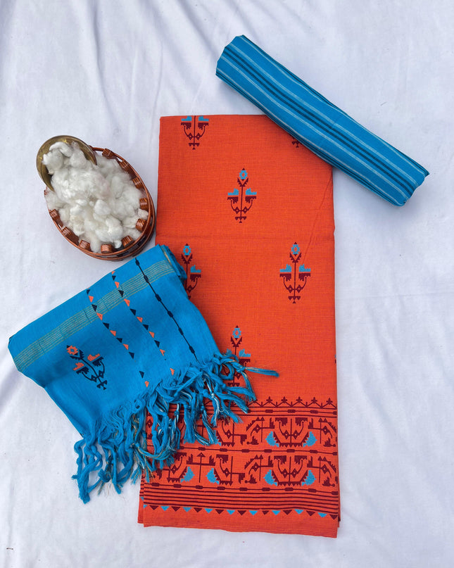 Cotton Dress Material with Orange Color
