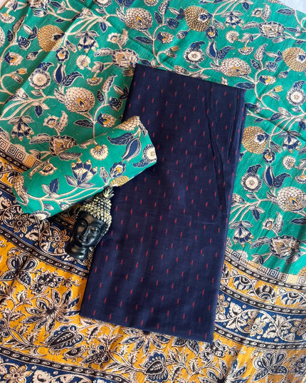 Raw Silk Dress Material with Green Colour Kalmkari Dupatta & Green Colour Bottom