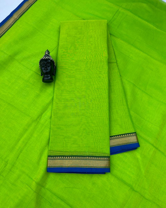 Traditional wear Narayanpet Mercerised cotton dress material with Parrot Green colour