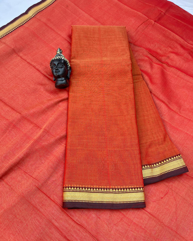 Traditional wear Narayanpet Mercerised cotton dress material with Tomato Red colour