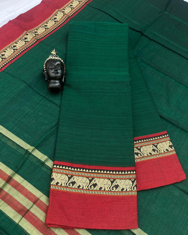 Traditional wear Narayanpet Mercerised cotton dress material with Dark Green colour