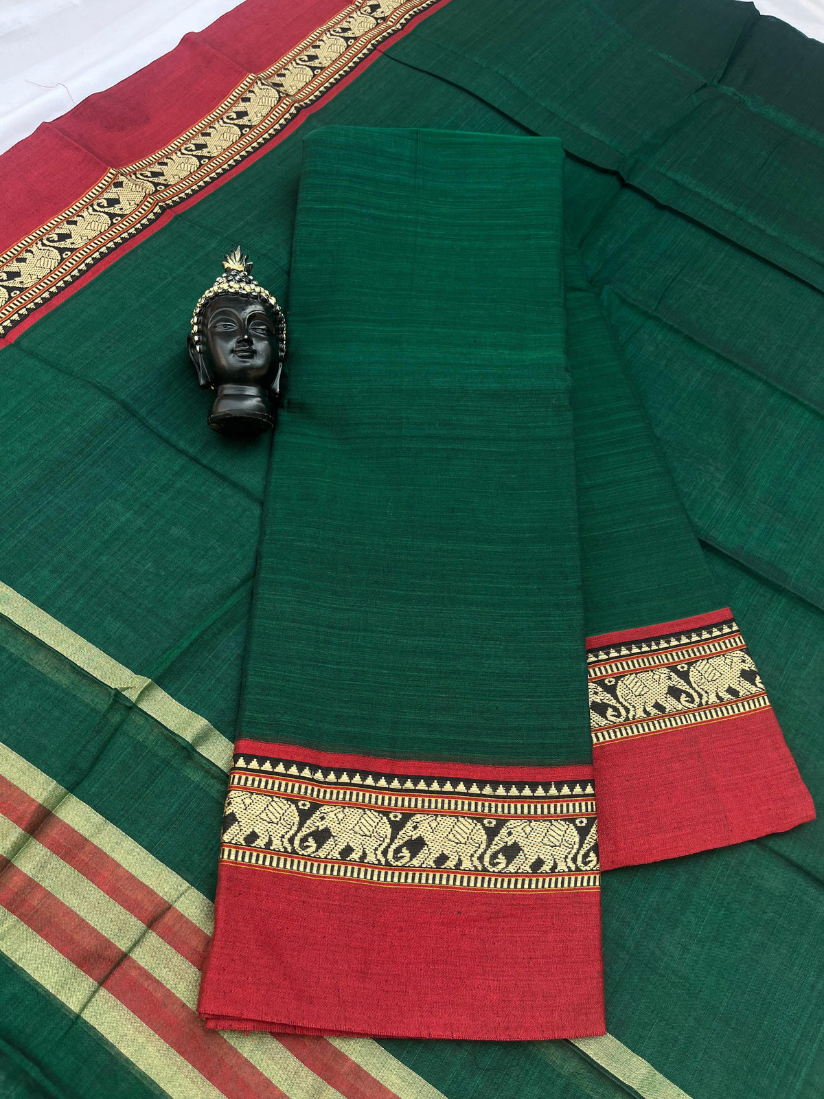 Traditional wear Narayanpet Mercerised cotton dress material with Dark Green colour