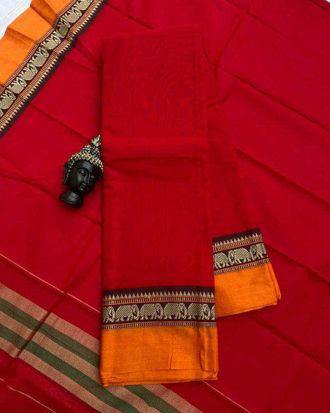 Traditional wear Narayanpet Mercerised cotton dress material with Red colour