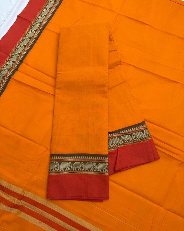 Traditional wear Narayanpet Mercerised cotton dress material with Orange colour