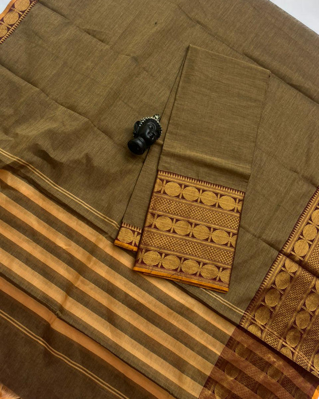 Pure Cotton Handloom Top & Dupatta Set | Dark Brown Dress Material