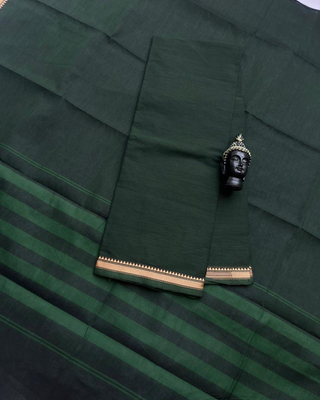 Pure Cotton Handloom Top & Dupatta Set | Dark Green Dress Material