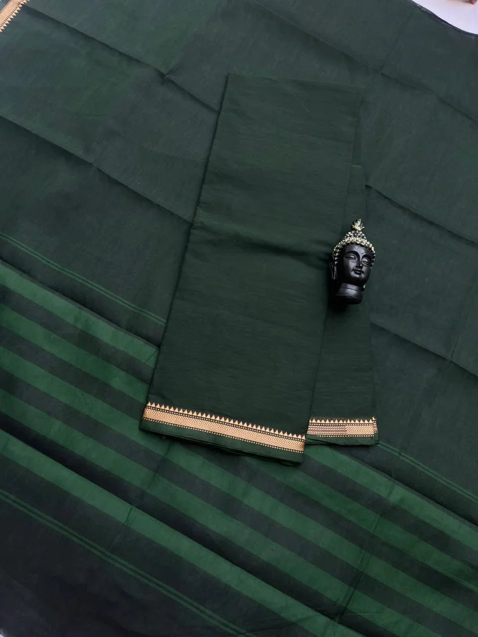 Pure Cotton Handloom Top & Dupatta Set | Dark Green Dress Material