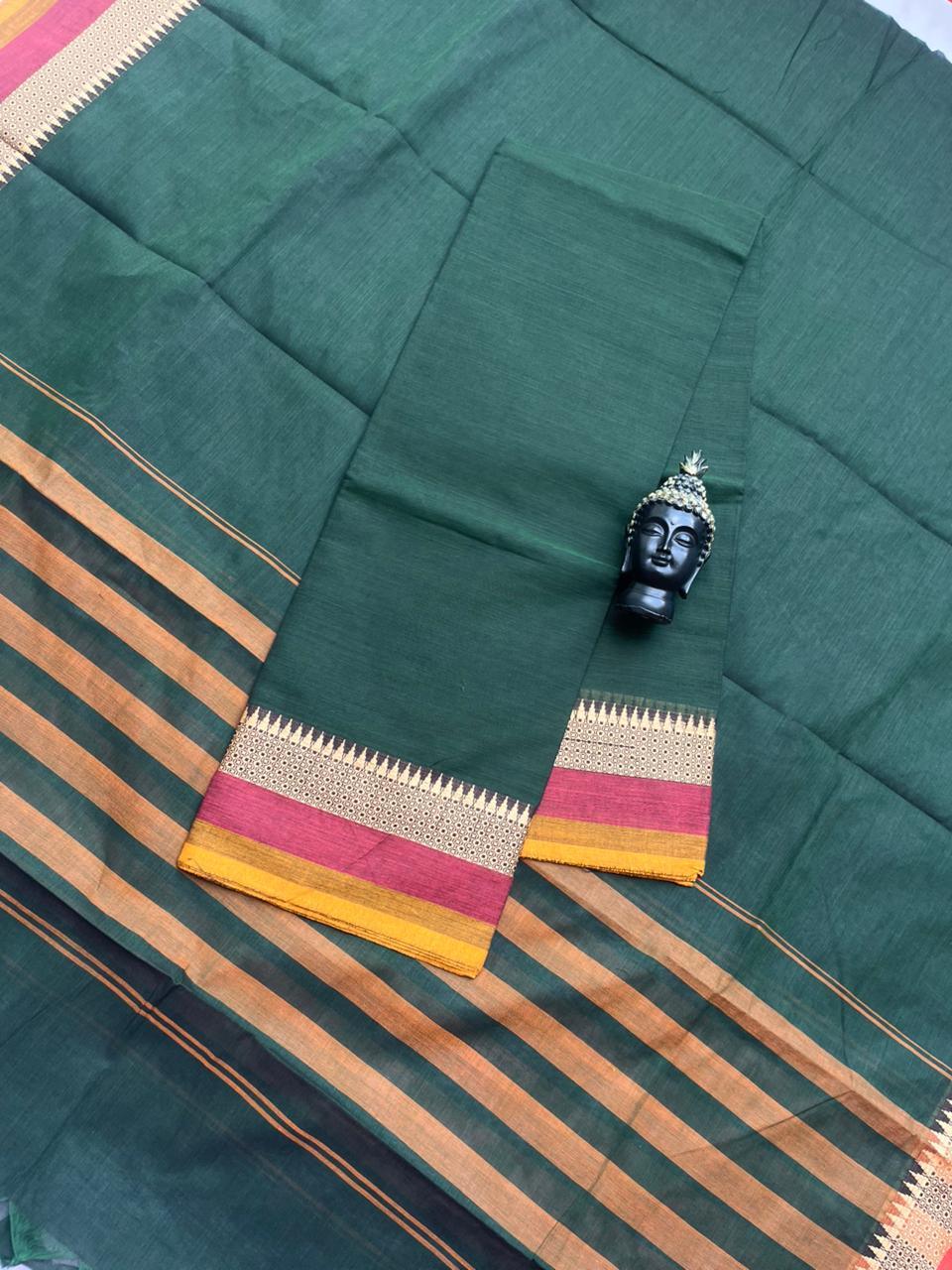 Pure Cotton Handloom Top & Dupatta Set | Dark Green Dress Material
