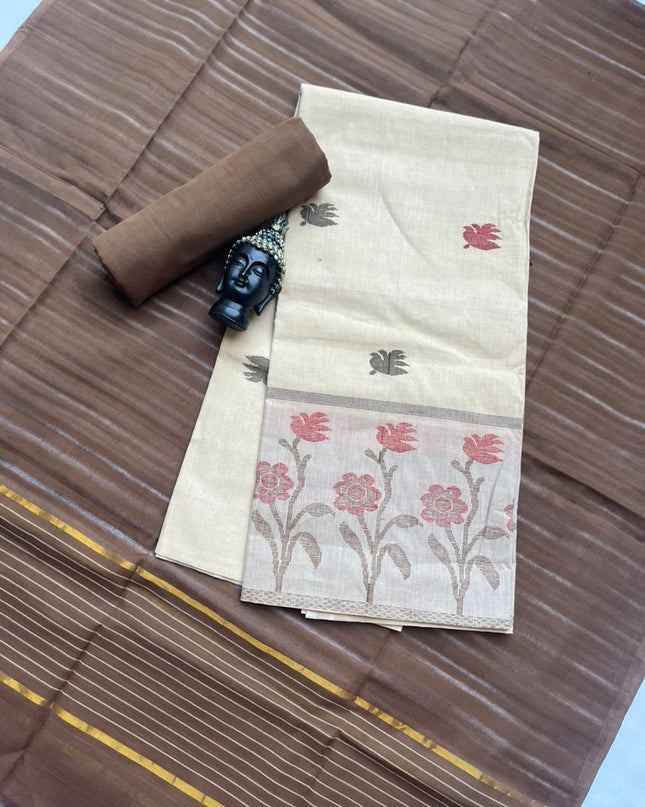 Premium Jamdani Cotton 3-Piece Dress Material in Brown Colour