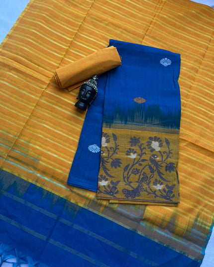 Premium Jamdani Cotton 3-Piece Dress Material in Blue Colour