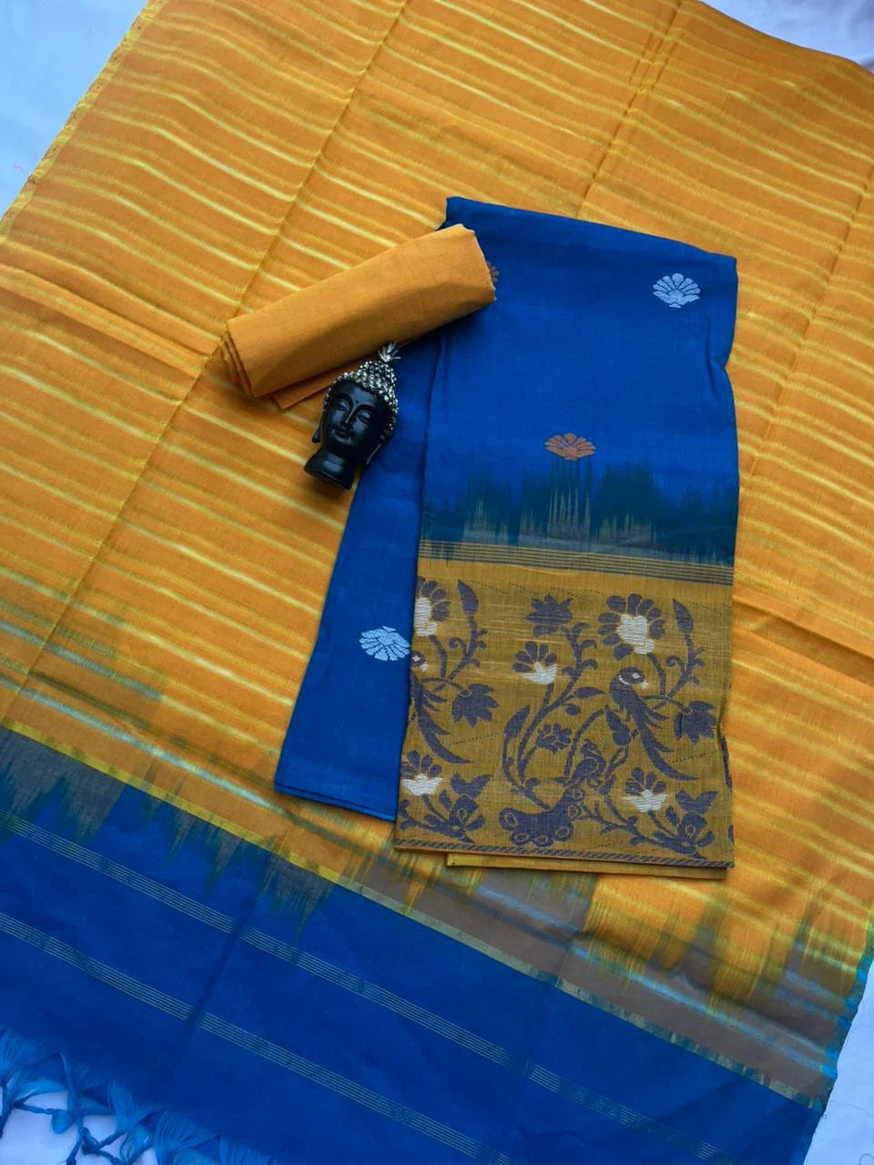 Premium Jamdani Cotton 3-Piece Dress Material in Blue Colour