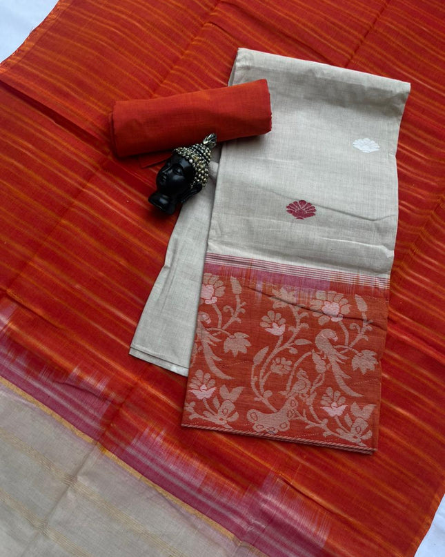 Premium Jamdani Cotton 3-Piece Dress Material in Half White  Colour