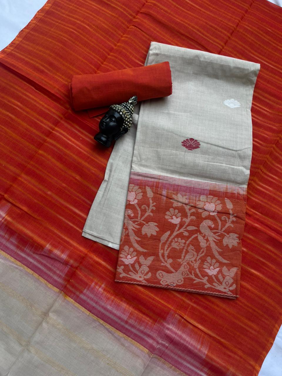 Premium Jamdani Cotton 3-Piece Dress Material in Half White  Colour